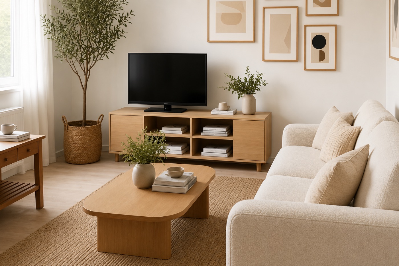 A bright rental living room with a boucle sofa, oak media console, jute rug and an olive tree by the window